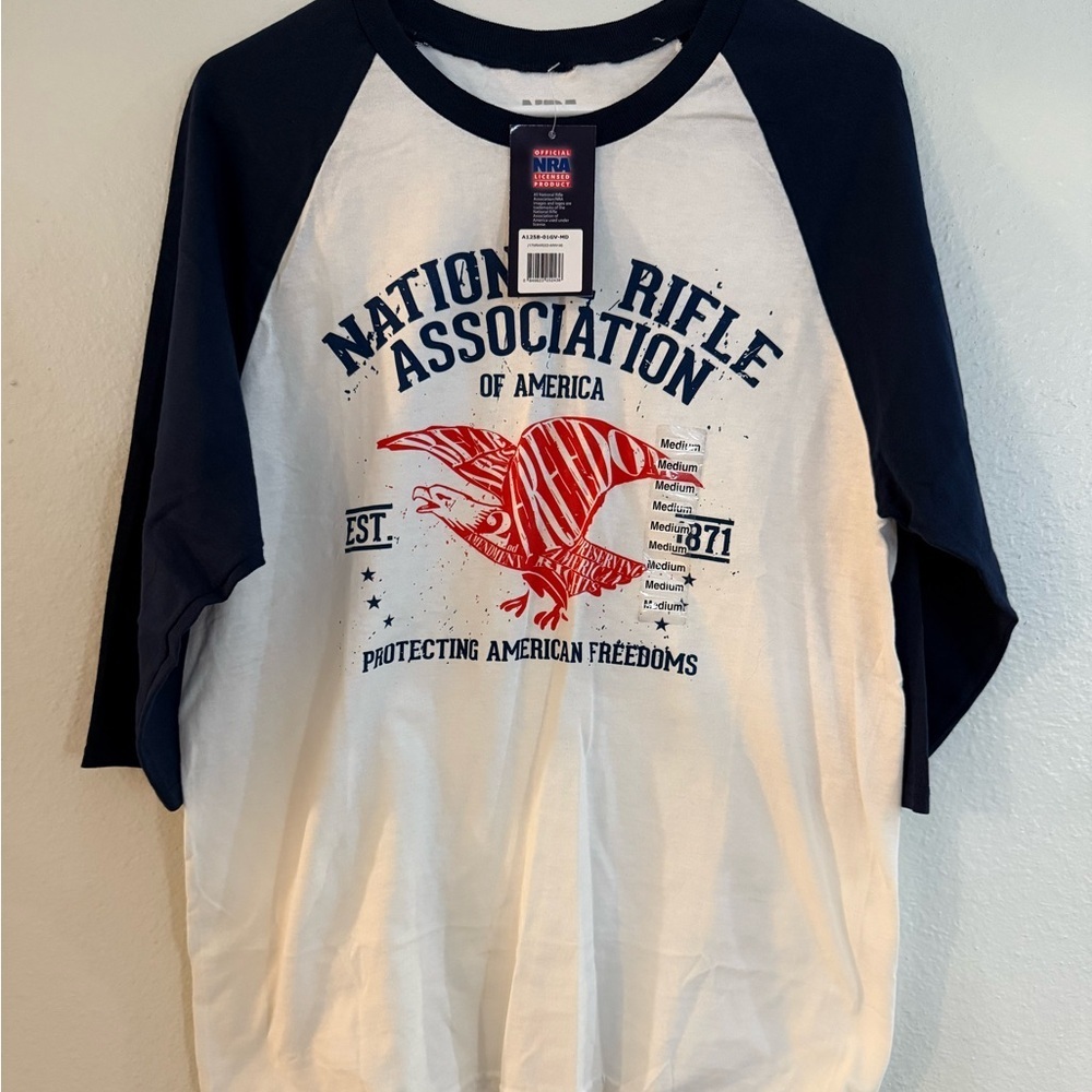 Official NRA Merchandise Baseball Style 3/4 Sleeve White & Blue T-Shirt